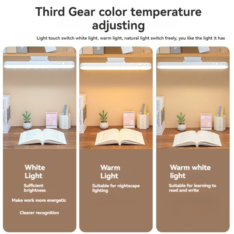 Lâmpada de mesa magnética led, luz de estudo regulável para cuidados com os olhos com 3 cores, luz de braçadeira recarregável usb para leitura de dormitório de quarto,