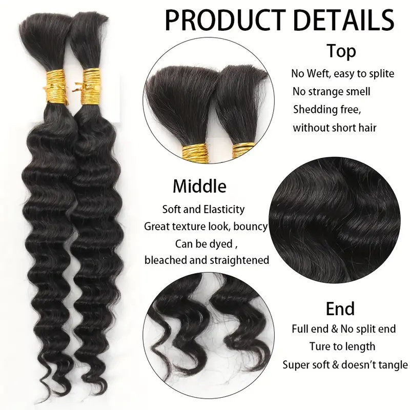 V ビューティー 18 インチディープウェーブ人毛編み込みヘア女性用バルクヘアエクステンション 100 グラム/パック 2 バンドル 10A ボヘミアン三つ編みバルクベア