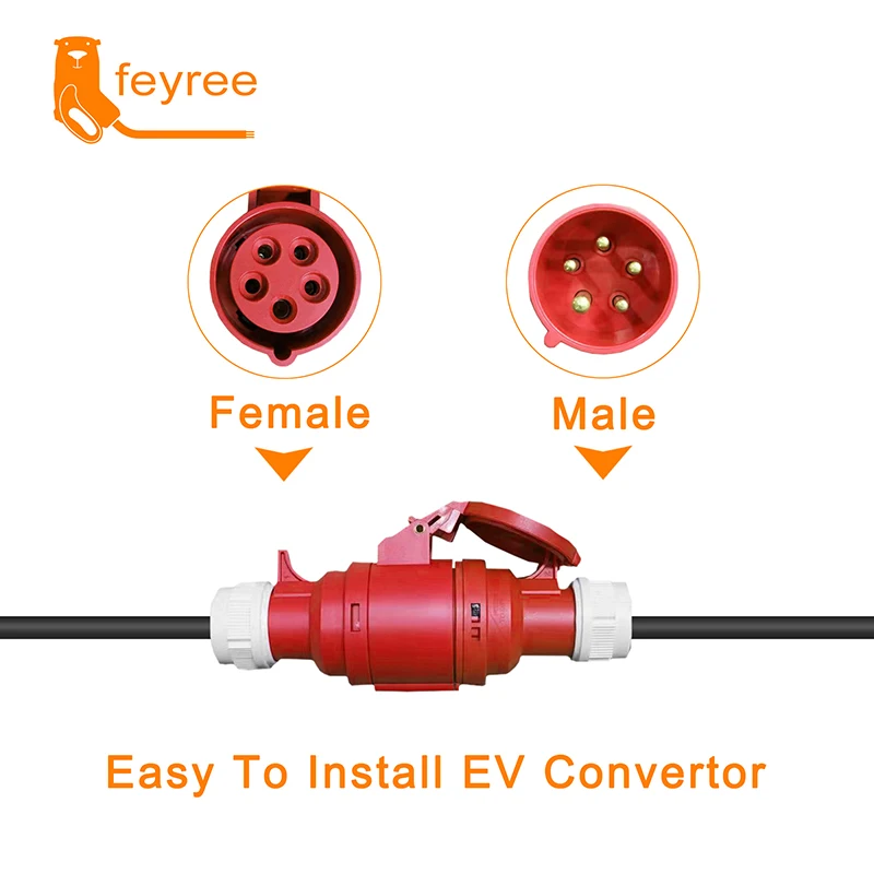 Feyree-cargador EV, enchufe Schuko a enchufe hembra de alimentación roja CEE, adaptador de enchufe de 5 pines, conectar con cargador portátil de 16A, trifásico, 11KW
