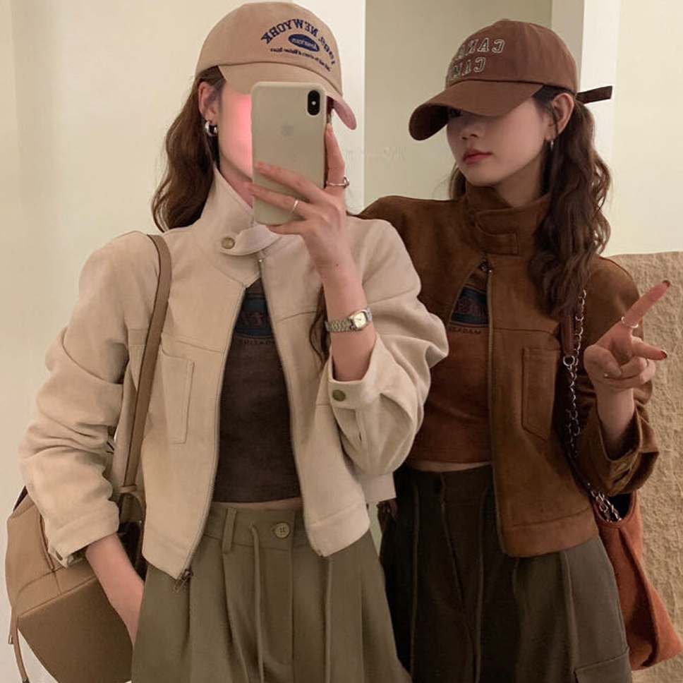 レトロなデザイン鹿皮ベルベット痩身ショートジャケットトップ 5 色ハイカラージッパー閉鎖長袖カジュアル女性のアウター