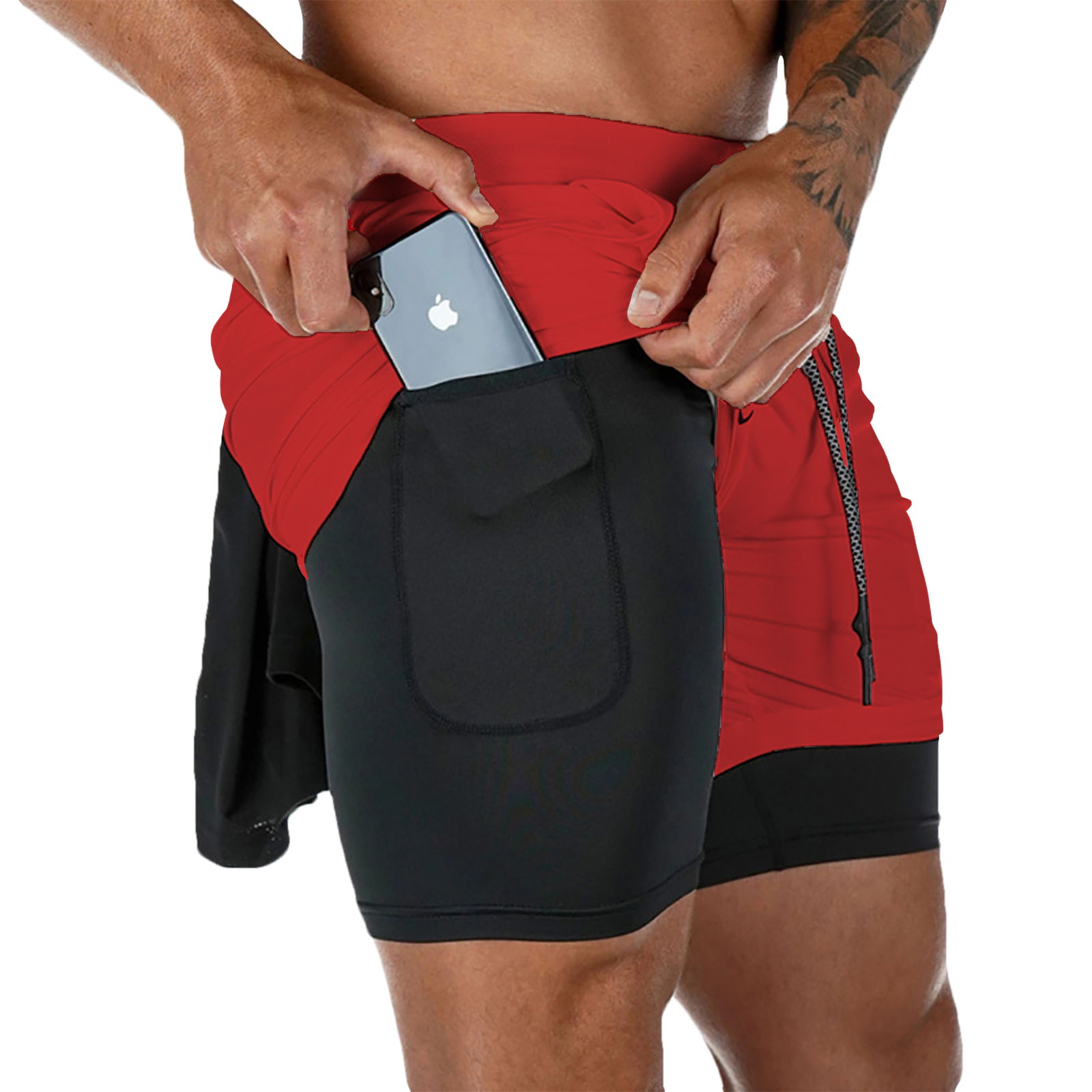 Calções de fitness de camada dupla masculino com cordão forro de malha cintura elástica respirável secagem rápida para praia piscina verão masculino