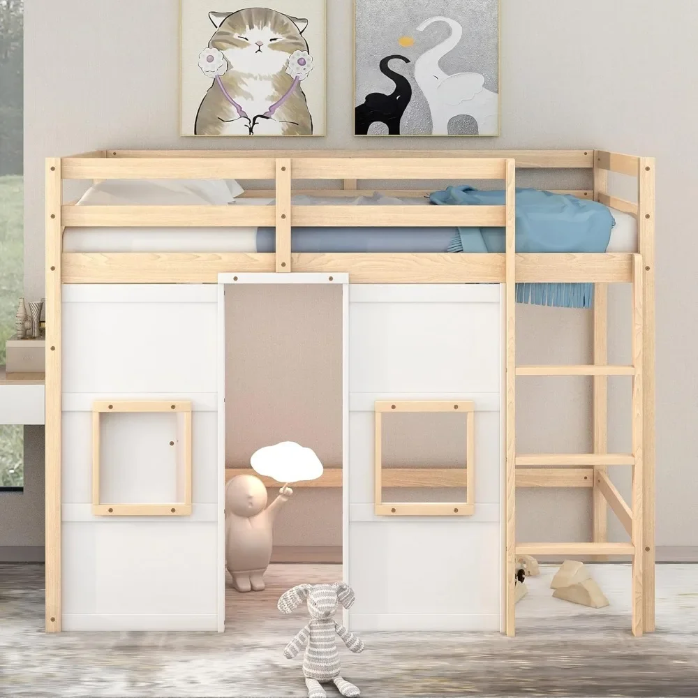 Wood Twin Size Loft Bed Frame with Built-in Storage Wardrobe and 2 Windows, Playful Design Beds with Safety Guardrails and Stair