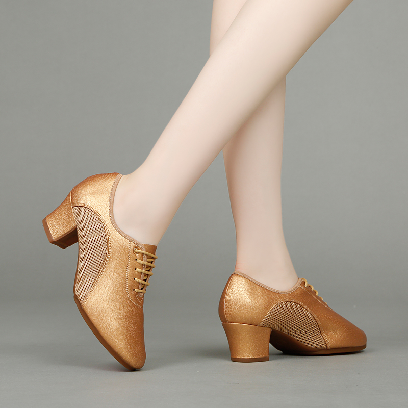 Gold Tanzschuhe Damen Mesh Leder Latin Dance Schuhe weiche Gummisohlen Gesellschaftstanz Turnschuhe Damen High Heels Modern Dance
