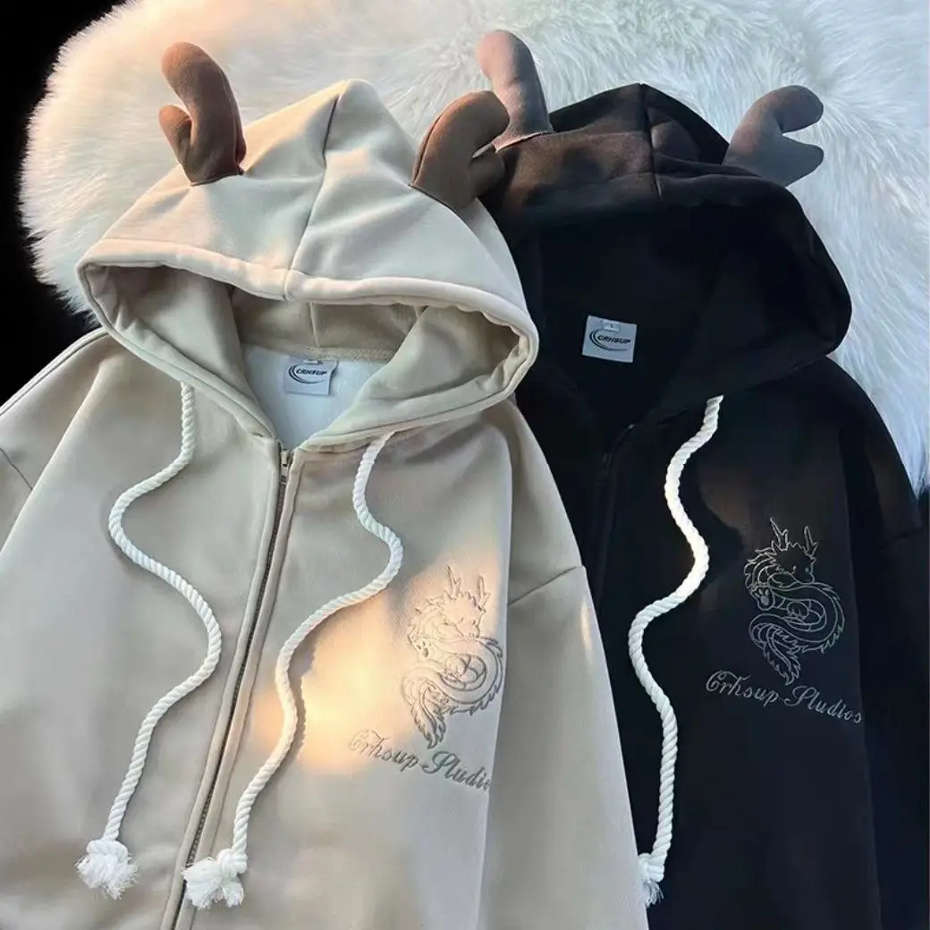 Harajuku nueva sudadera con cremallera año del dragón sudaderas con capucha bordadas jersey de manga larga ropa pareja sudadera de terciopelo Sudadera con capucha