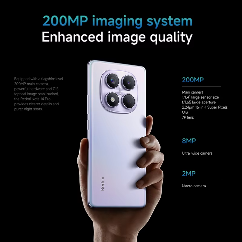 Xiaomi Redmi Note 14 Pro 4G Version Européenne8+256GB  MediaTek Helio G100-Ultra Écran AMOLED 6,67" 120Hz Caméra principale OIS 200MP Chargement 45W, Batterie 5500 mAh, IP64, NFC