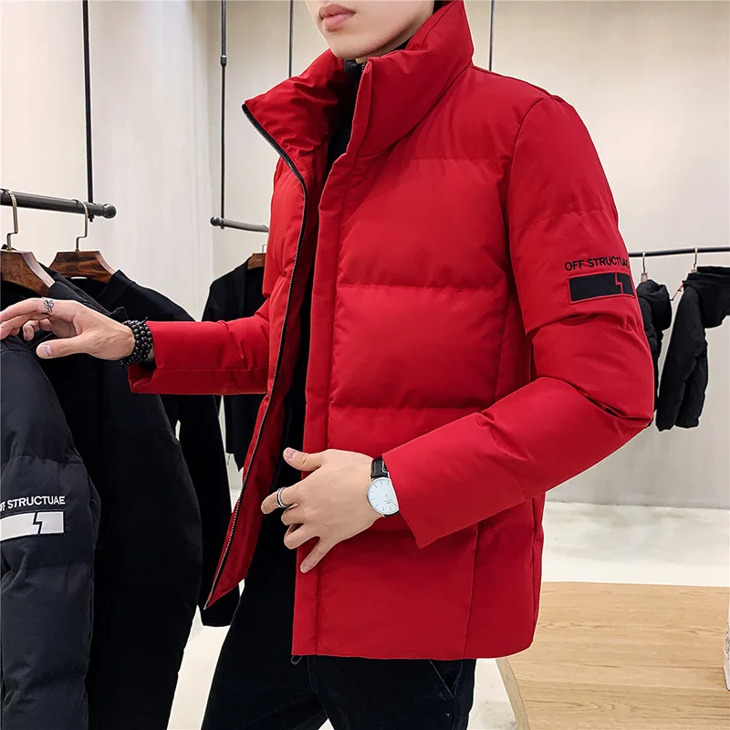 Jaket Down Pria pendek, mantel kasual mode empuk katun kerah berdiri hangat dipertebal musim gugur dan dingin 2023