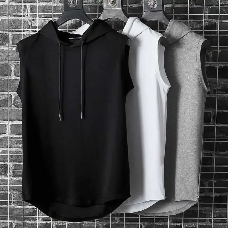 ผู้ชาย Tie COLLAR Hooded เสื้อแขนกุดชายฤดูร้อนหลวม Hip Hop TEE เสื้อ Tops