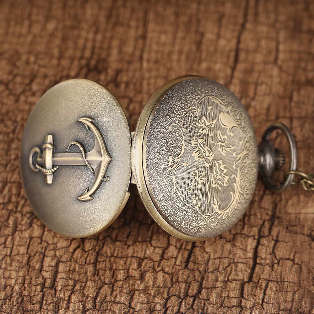 빈티지 구리 주머니 시계 남자 앵커 기념품 선물 80cm 목걸이 체인 클래식 디자인 석영 최고의 선물 시계 남성 어린이