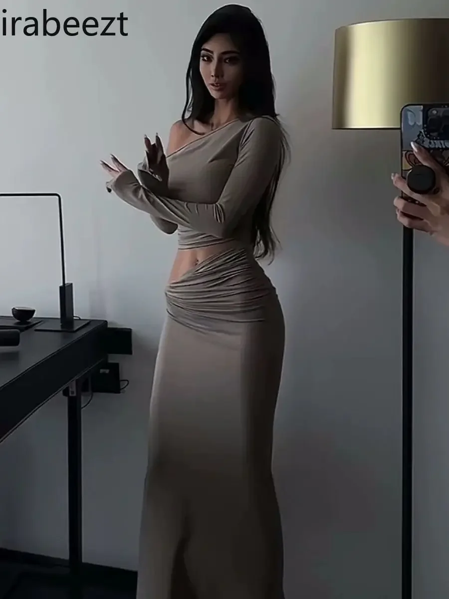 女性用長袖ブラウス、ハイウエスト、パックヒップスカート、セクシーな不規則な斜めの肩、2ピースセット