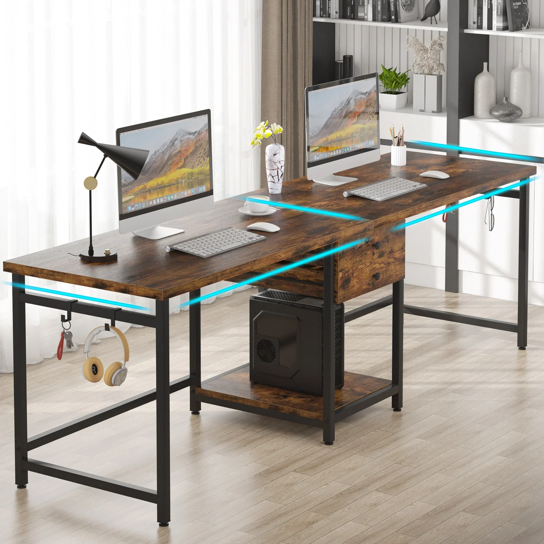 Tribesigns 78.74’’ Two Person Desk with 2 Drawers, Long Double Computer Desk Gaming Table with Shelves