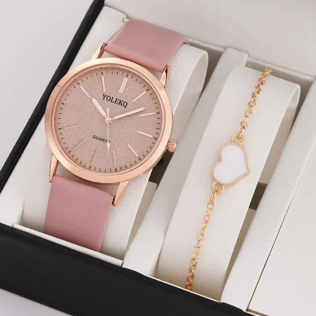 Conjunto de 2 uds de relojes para mujer con pulsera, reloj de lujo para mujer, reloj de cuero para mujer, relojes de pulsera de cuarzo para mujer (sin caja)