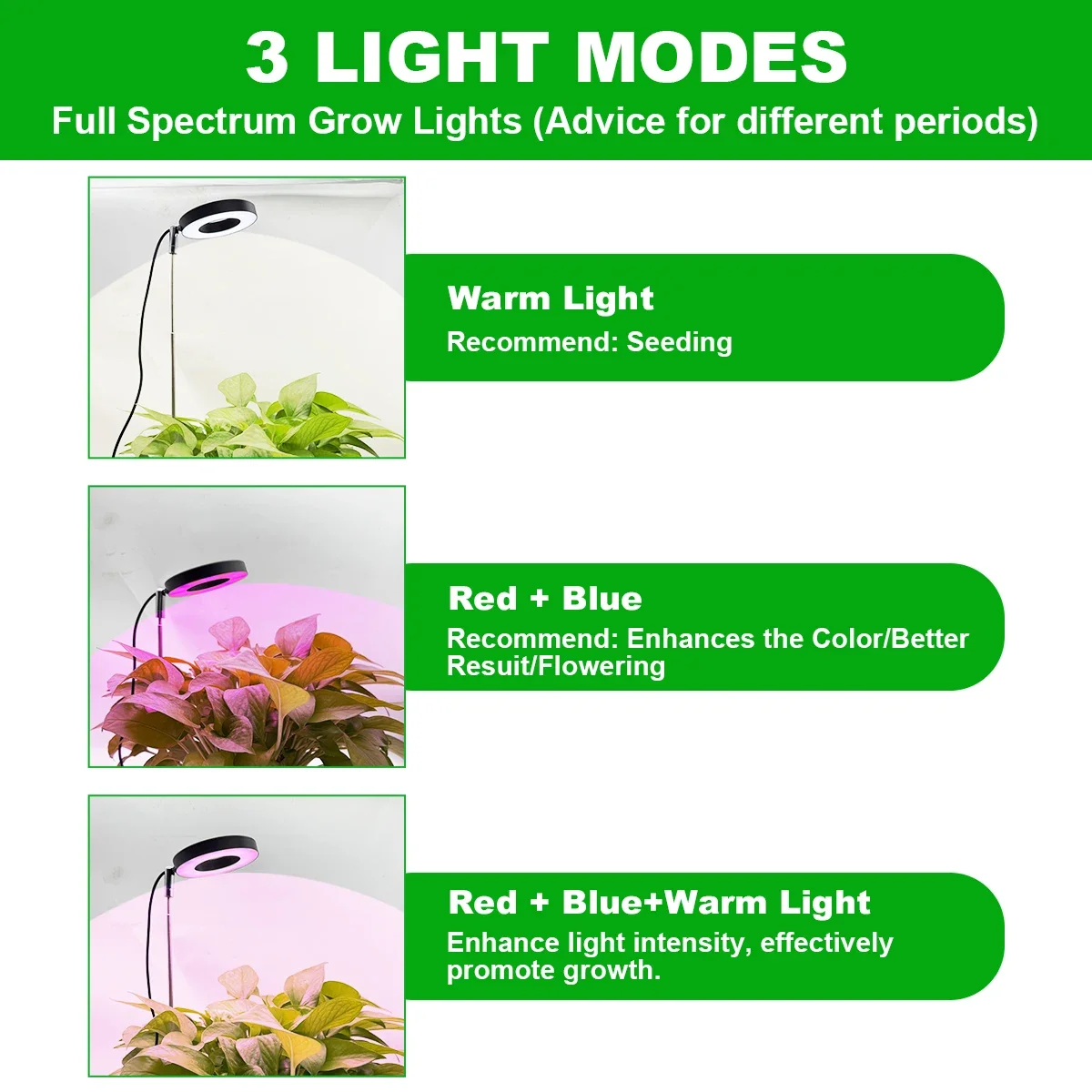 Três cores com base de luz de planta espectro completo LED luz de crescimento de plantas internas 3/9/12 altura de temporização ajustável 10 níveis de escurecimento