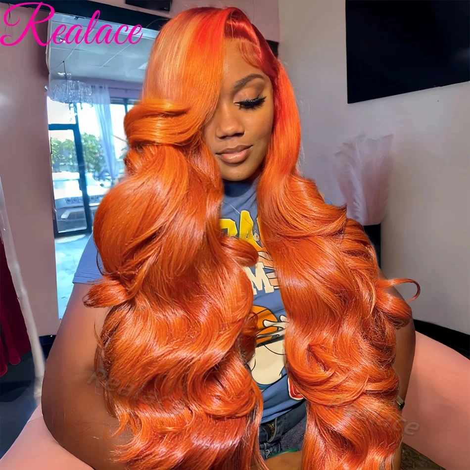 36 polegada gengibre laranja perucas dianteiras do laço cabelo humano pré arrancado 200% densidade onda do corpo 13x4 13x6 hd perucas frontais do laço transparente