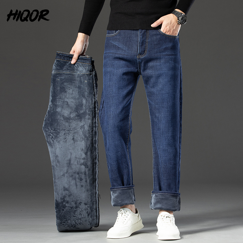 HIQOR, pantalones vaqueros gruesos de lana de invierno para hombre, Pantalones rectos informales de negocios, pantalones vaqueros clásicos azules y negros para hombre, pantalones vaqueros de trabajo para hombre
