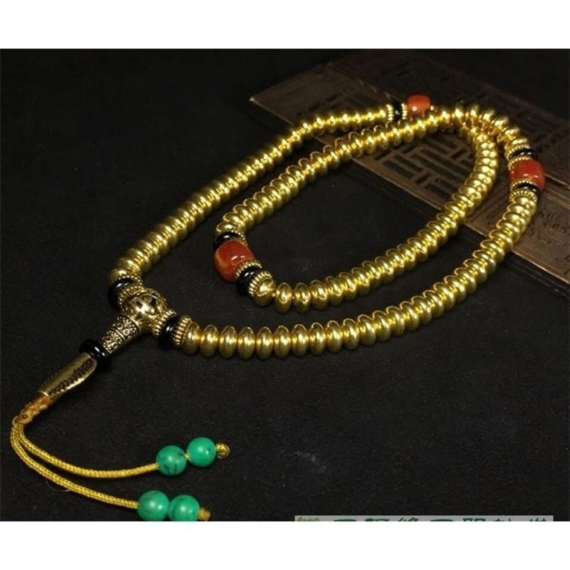【1746Revisa positiva】108Latão banhado a cobre Colar de contas de cobre nepalês Pulseira de contas de oração budista Estilo tibetano antigo Budd