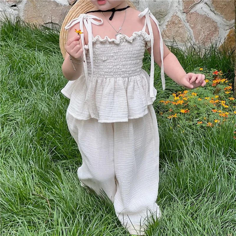 Conjunto de ropa de algodón para niños, camiseta sin mangas con tirantes, pantalones de pierna ancha, trajes de verano para niñas coreanas