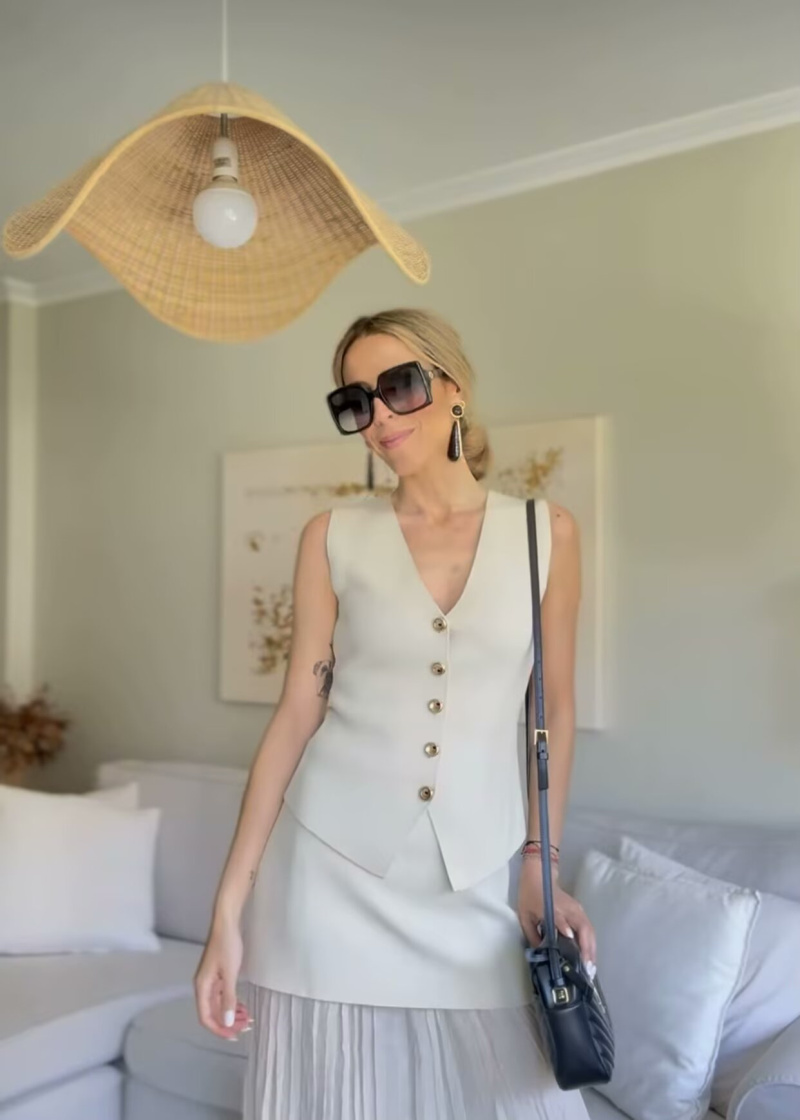 ETJ 2025 nova moda feminina elegante all-match com decote em V sem mangas colete jaqueta de malha