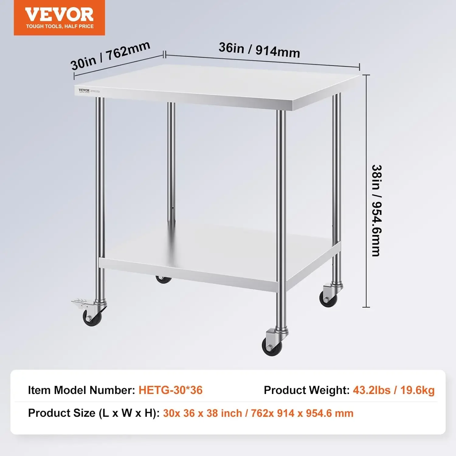 Stainless Steel Work Table 30 x 36 x 38 Inch, with 4 Wheels, 3 Adjustable Height Levels, Heavy Duty Food Prep Worktable for