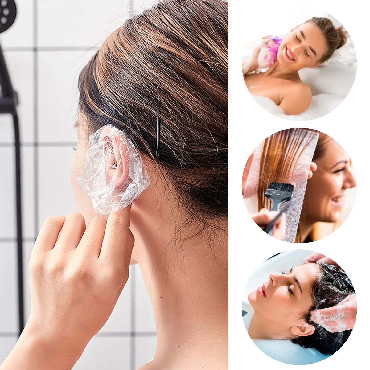 Protetores de ouvido transparentes com bandas elásticas, capas portáteis para chuveiro de tintura de cabelo, tampas descartáveis, impermeáveis, 100PCs