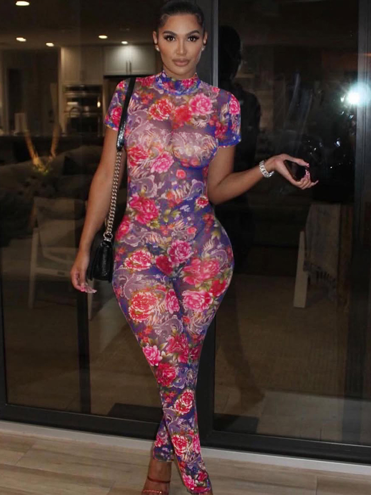 Kliou Ästhetischen Gedruckt Frauen Overalls Mode Sexy Getäfelten Kurzarm Backless Stehkragen Schlank Overalls Mujer Clubwear