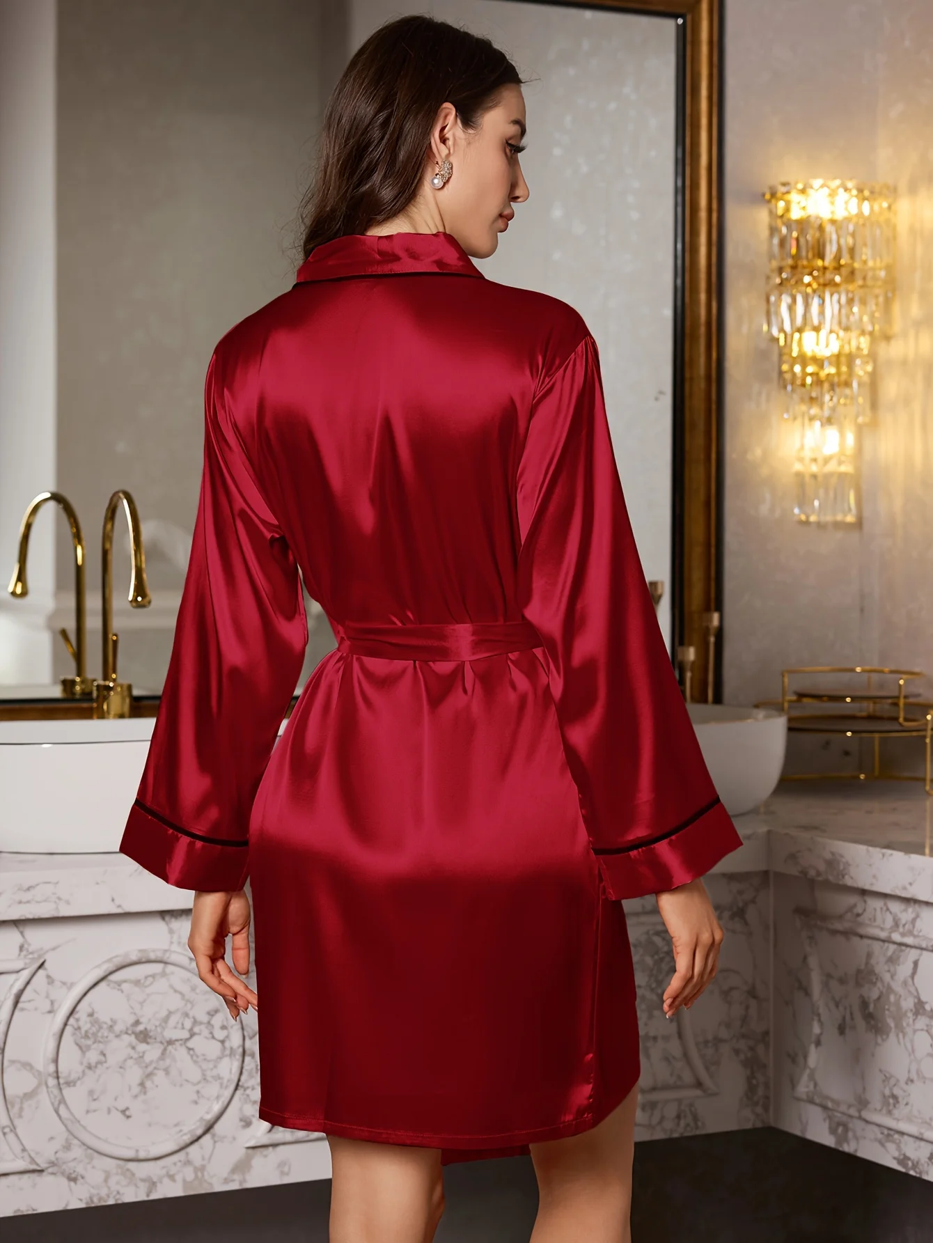 1 camisola curta romântica elegante feminina, pijama de seda macia de cor sólida, robe com cinto fresco e confortável, essencial para casa
