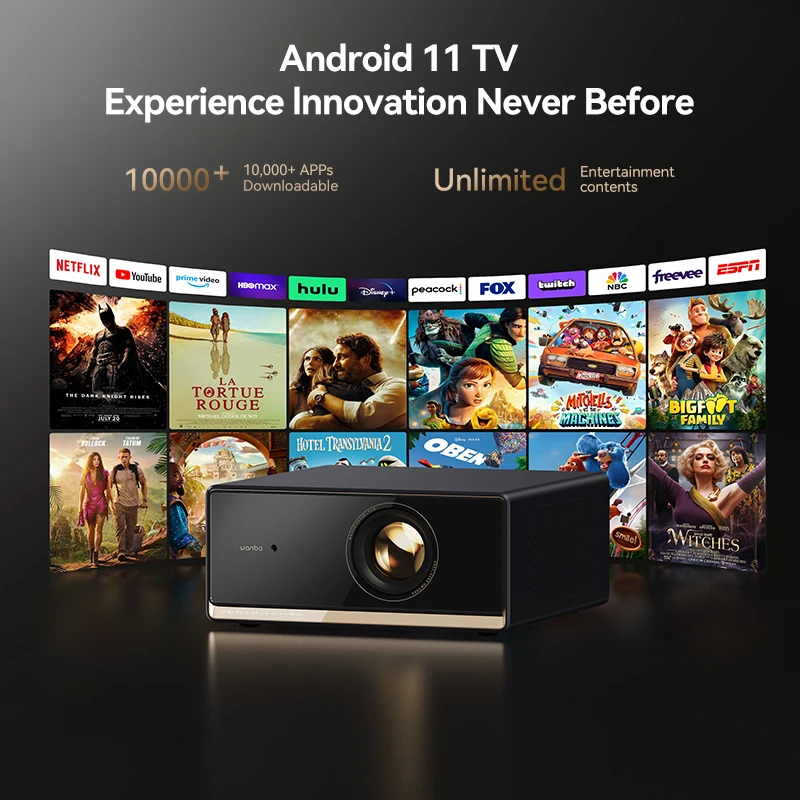 Proyector Wanbo X5 Pro Full HD 1080P Proyector compatible con 4K 1100 ANSI Android 11,0 hogar Google Widevine L1 y asistente