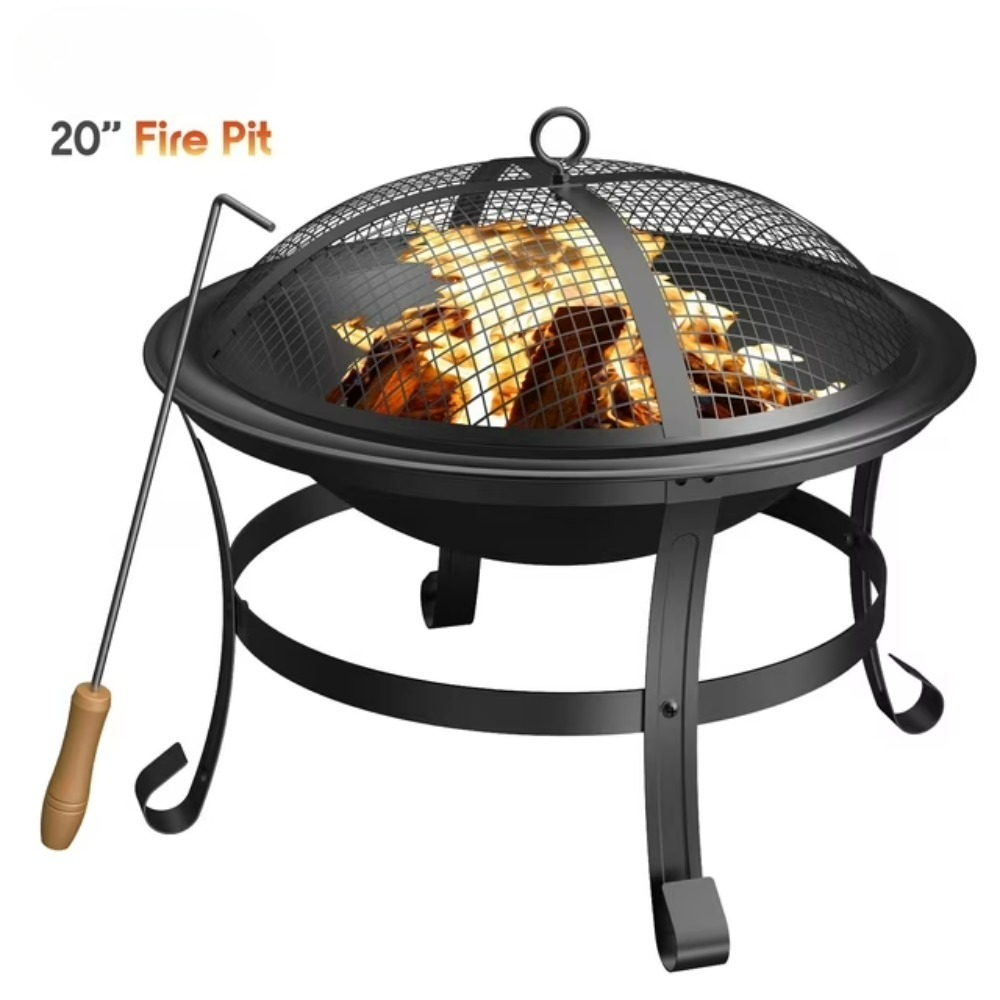 19" Wood-burning Fire Pit with Wire Mesh and Cover for Backyard and Camping