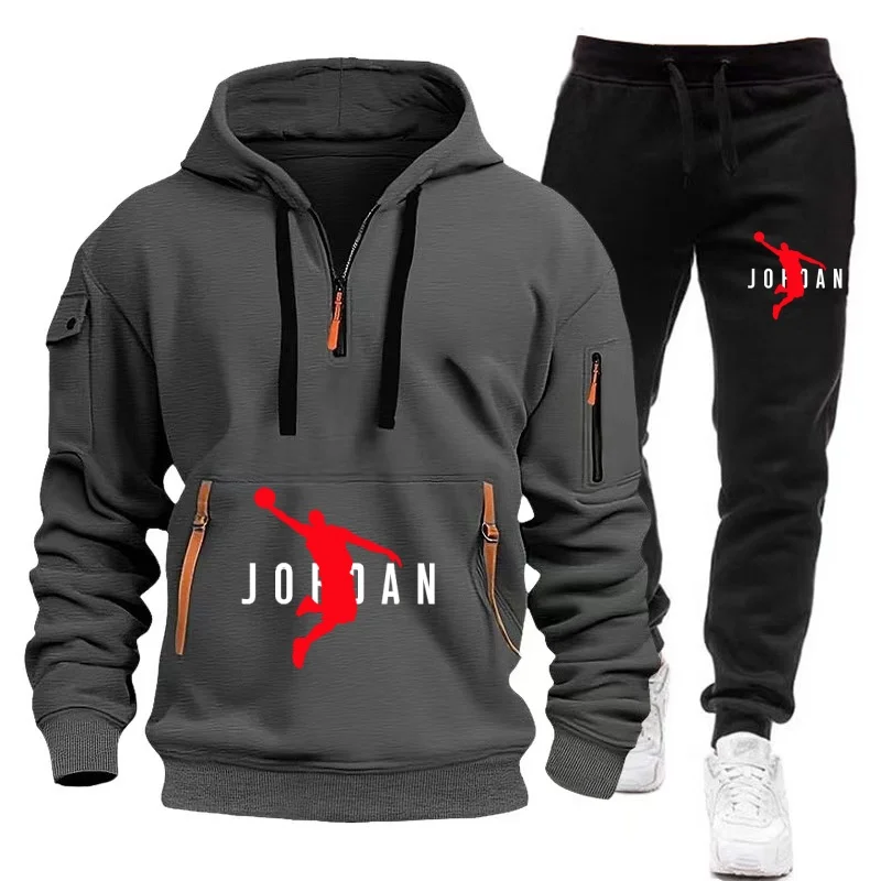 Agasalho masculino com capuz com zíper, multibolsos e calças de proteção, casual, jogging, outono/inverno, conjunto de 2 peças, tamanho grande S-3XL