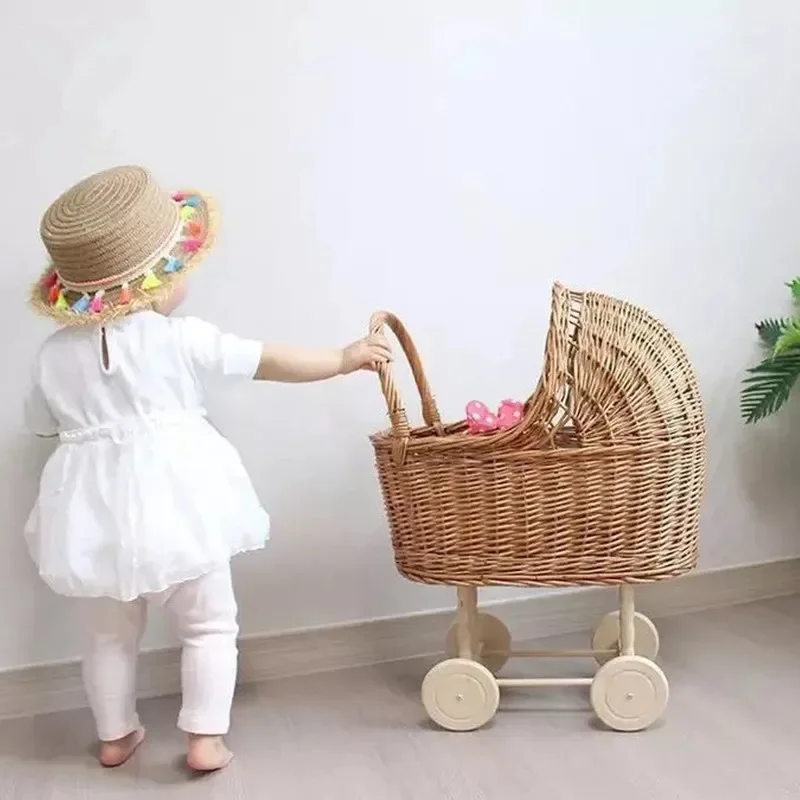 Cochecito de muñeca de ratán Retro, juguete de estudio, accesorios para fotos, carro de muñeca para decoración de habitación de niños, juguetes de juego de simulación