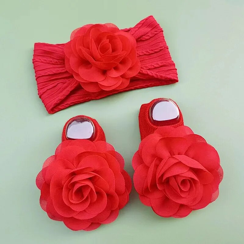 Calzini per bambini carini + fasce per capelli Set calzino in cotone antiscivolo Fiore di pizzo Fascia per capelli per neonato Turbante Accessori per capelli per ragazza