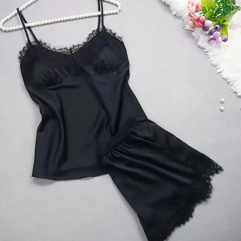 Pijama feminino halter 2 peças camisola e shorts roupa de casa vermelho preto sexy renda s m ventilar conforto
