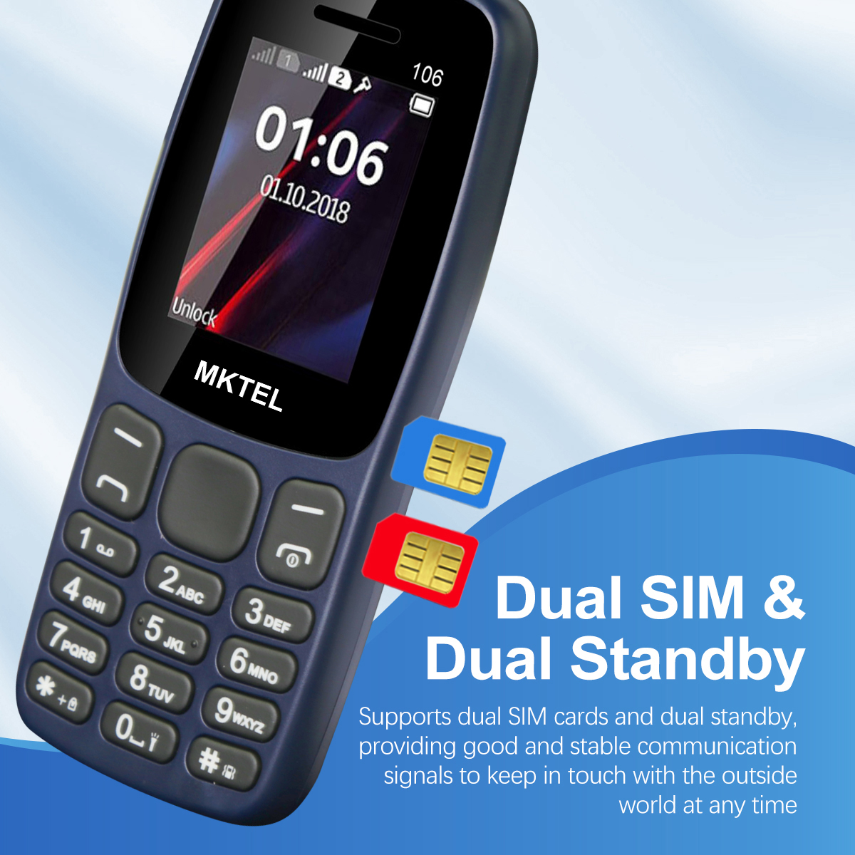 MKTEL 106 Feature Phone 1.77" Display 800mAh Battery Dual SIM Dual Standby Strong Torch MP3 MP4 FM Radio Bluetooth GPRS