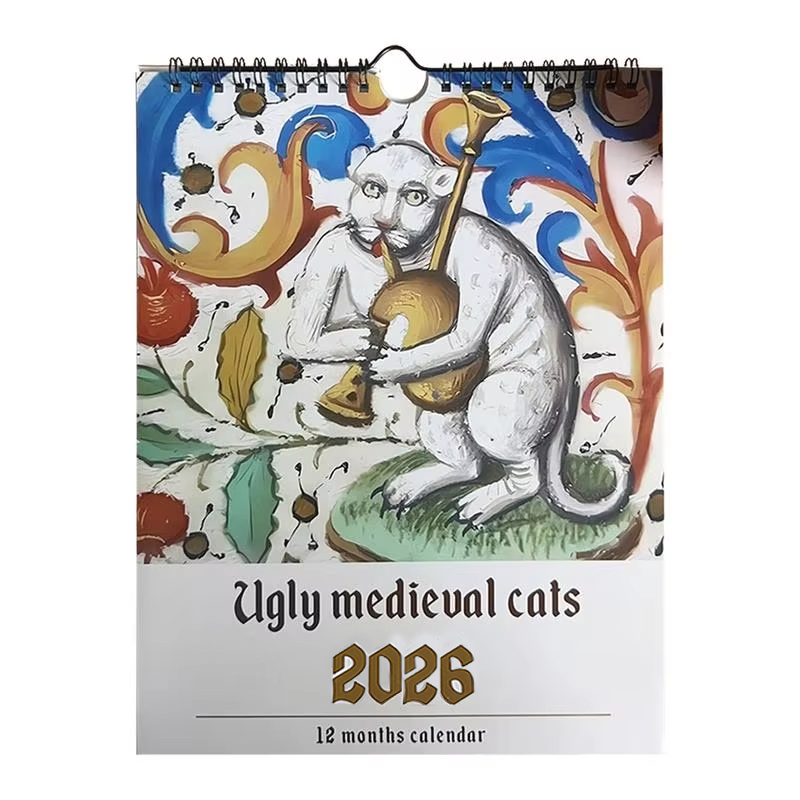 Mittelalterlicher Katzenkalender 2026 – Seltsamer mittelalterlicher Katzenwandkalender, 12 Monate hässliche mittelalterliche Katze, Januar 2026 bis Dezember 2026