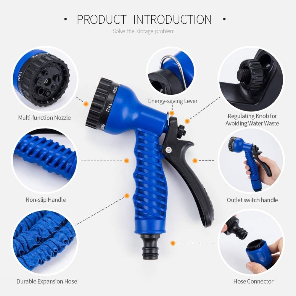 Expandable Garden Hose, Flexible and Lightweight Water Hose with High Pressure Nozzle, Durable and Tangle-Free (Blue)