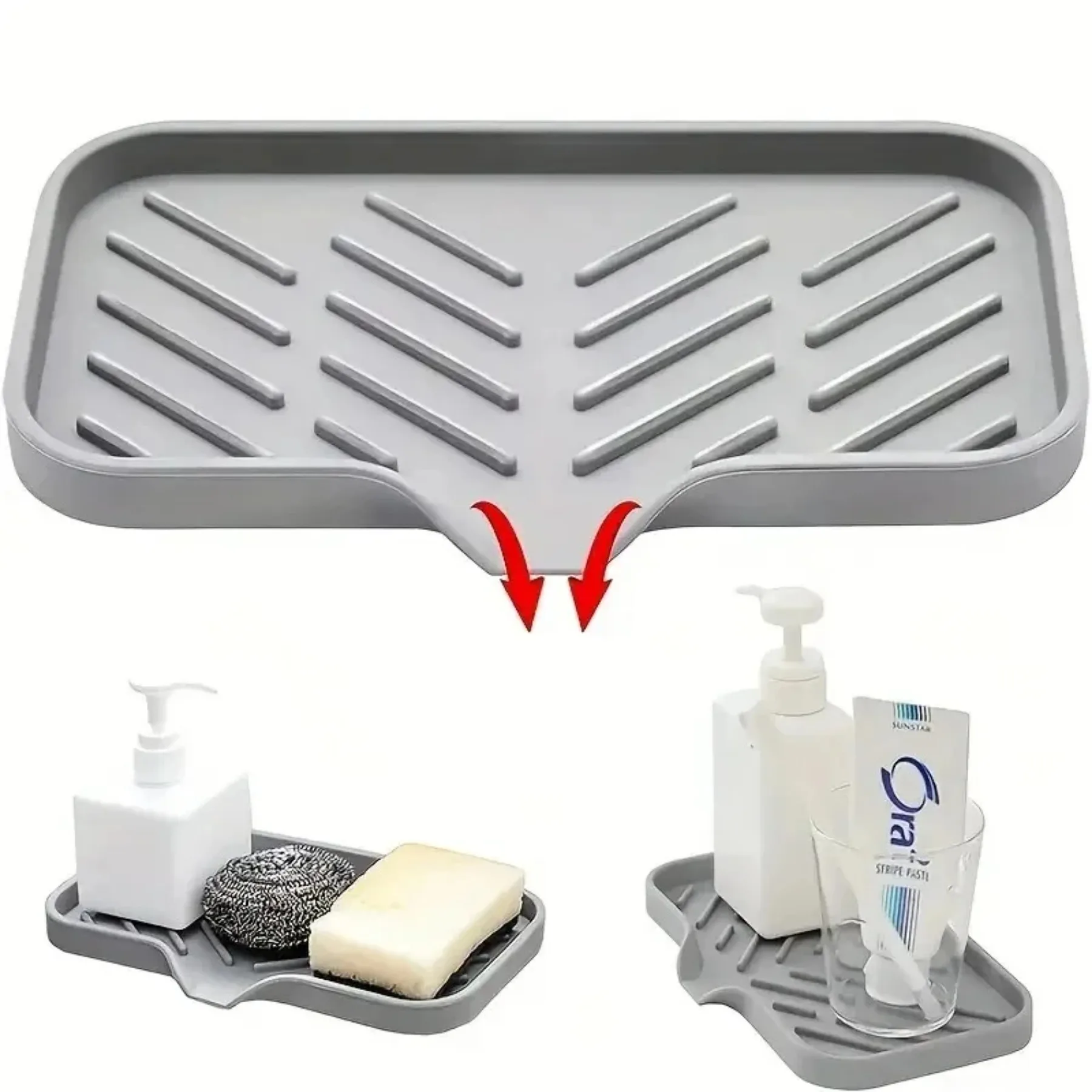 Vassoio in silicone per lavello con scarico Portaoggetti per spugna per sapone Lavello da appoggio Spazzola per spazzole Organizzatore da cucina