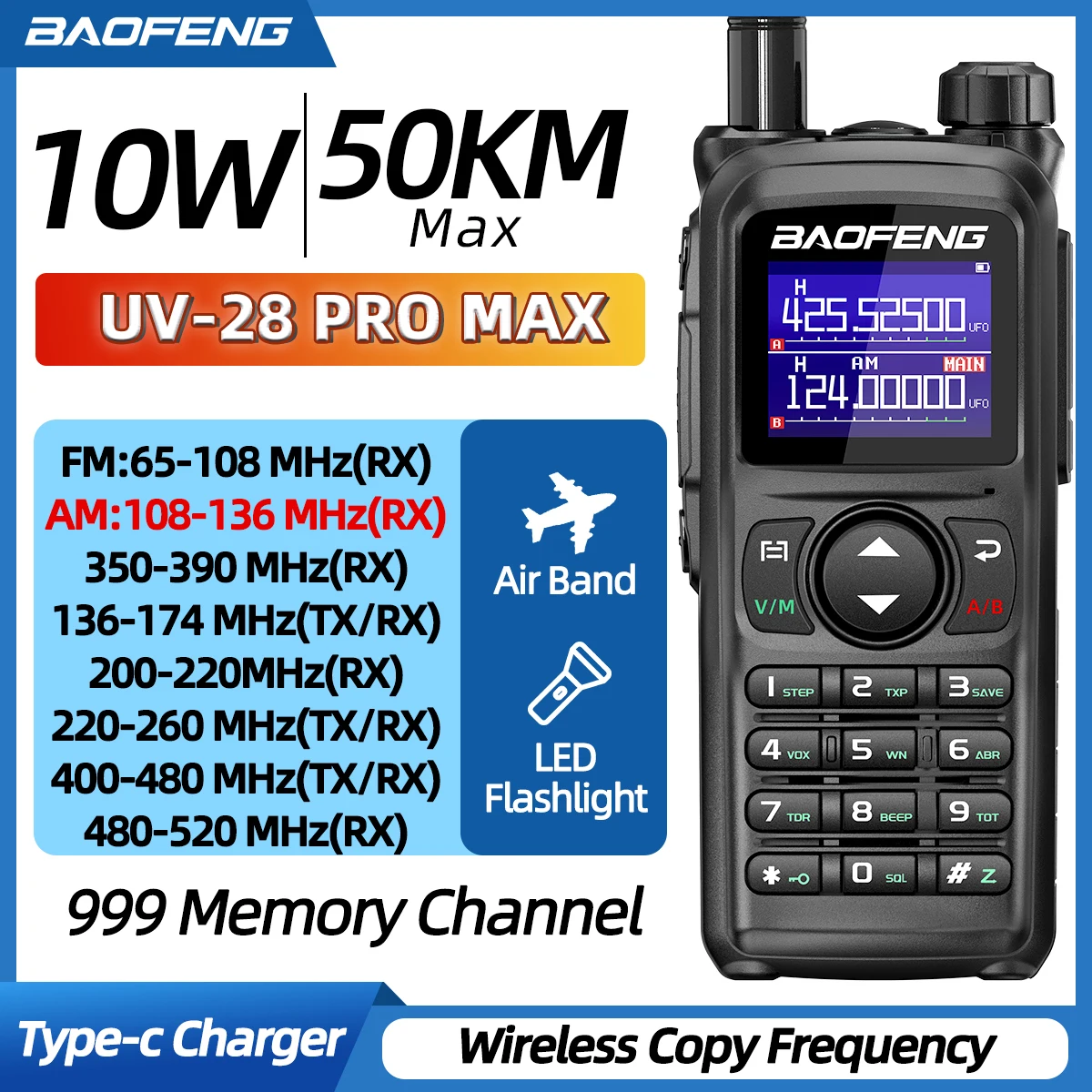 BAOFENG UV-28 PRO MAX Walkie Talkie multibanda 10W 999CH tipo C frecuencia de copia inalámbrica de largo alcance para UV-5R Radioaficionado portátil