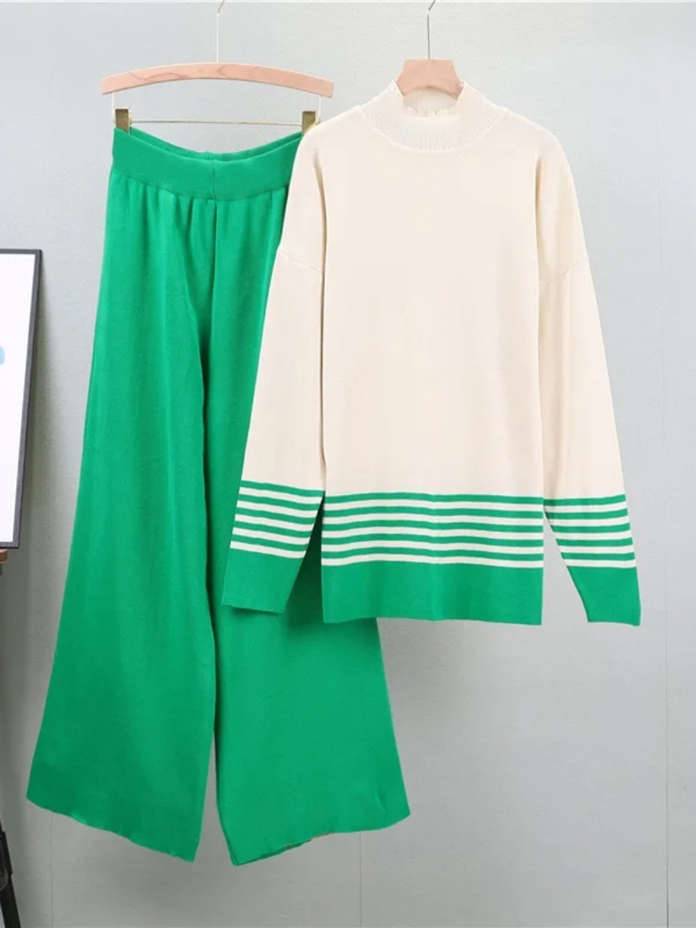 Terno de tricô muçulmano feminino conjuntos de duas peças pulôver listrado camisola de malha calças de perna larga outfits casual malhas conjunto 2024