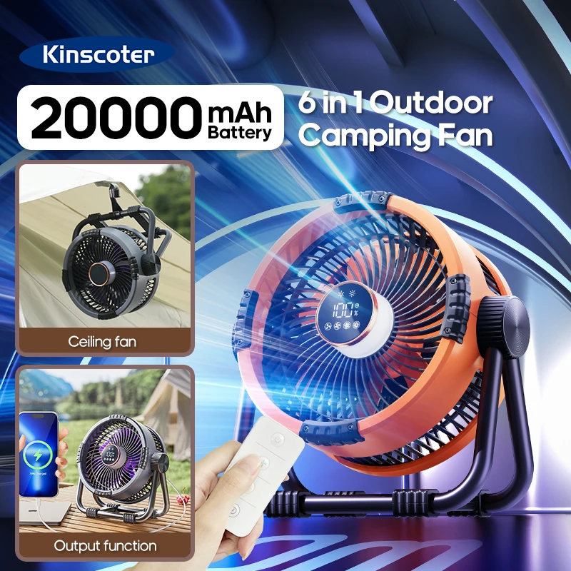 KINSCOTER-ventilador de acampada 6 en 1, batería recargable de 20000mAh, ventilador portátil para exteriores, circuladores de aire de 4 velocidades con gancho y luz LED