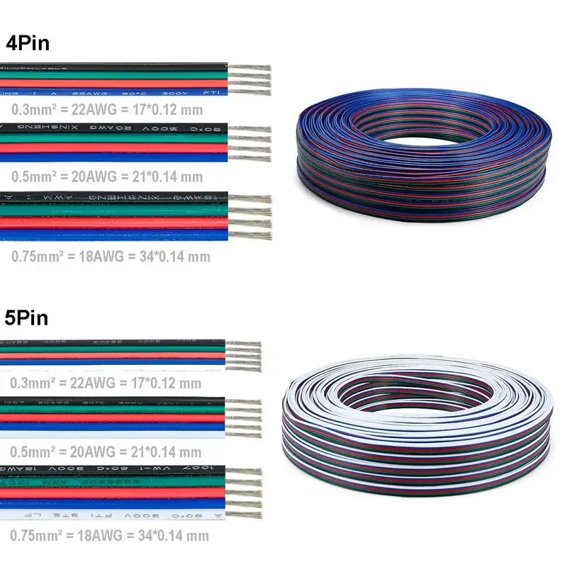 Cables eléctricos de 10m, Cable LED Flexible de 2 pines, 3 pines, 4 pines y 5 pines, Cable de extensión 18 20 22AWG para tira de LED WS2812B WS2813 5050 RGBW
