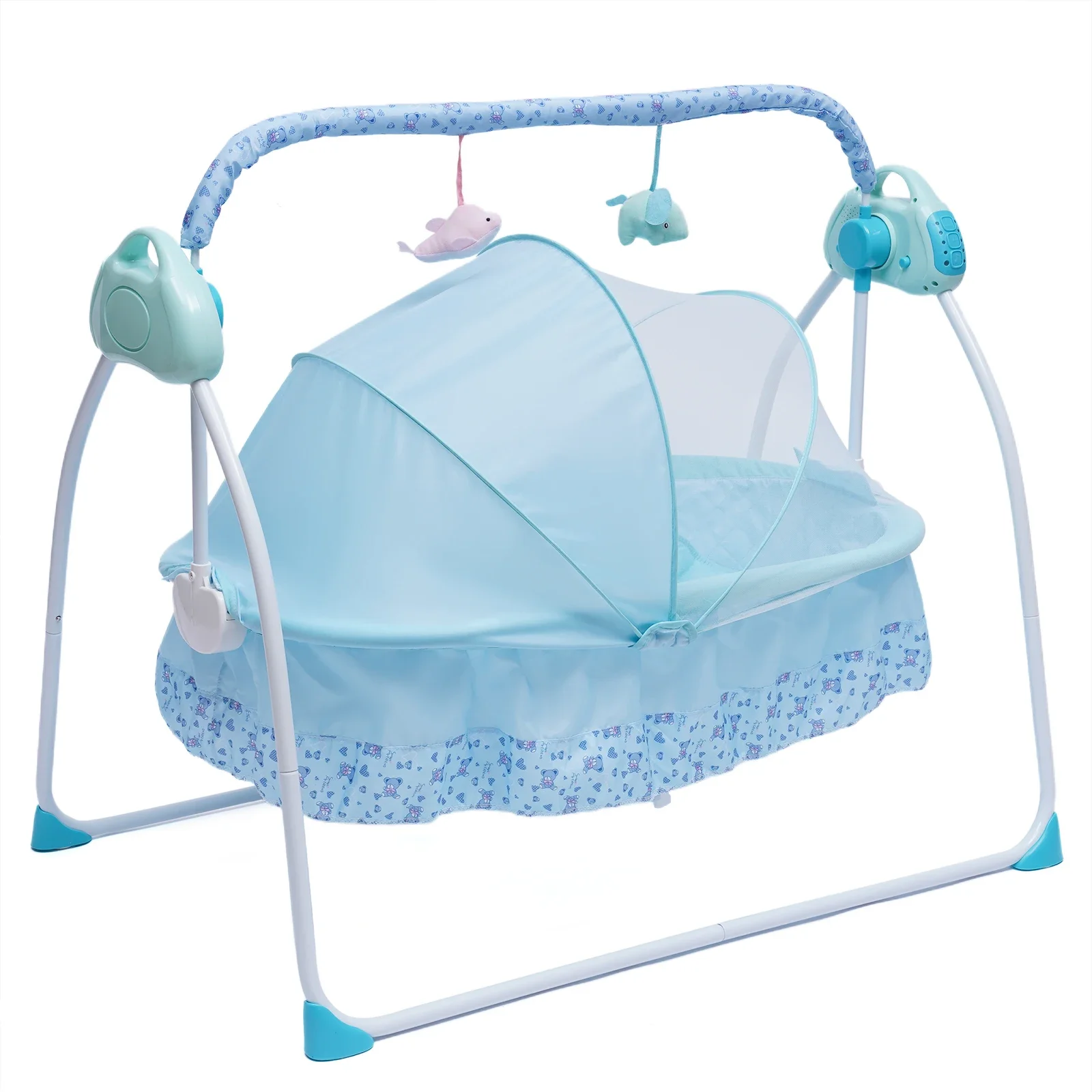 Berço elétrico para bebês, berço com balanço automático para recém-nascidos, cama infantil com bluetooth azul com cadeira + música + tapete + rede