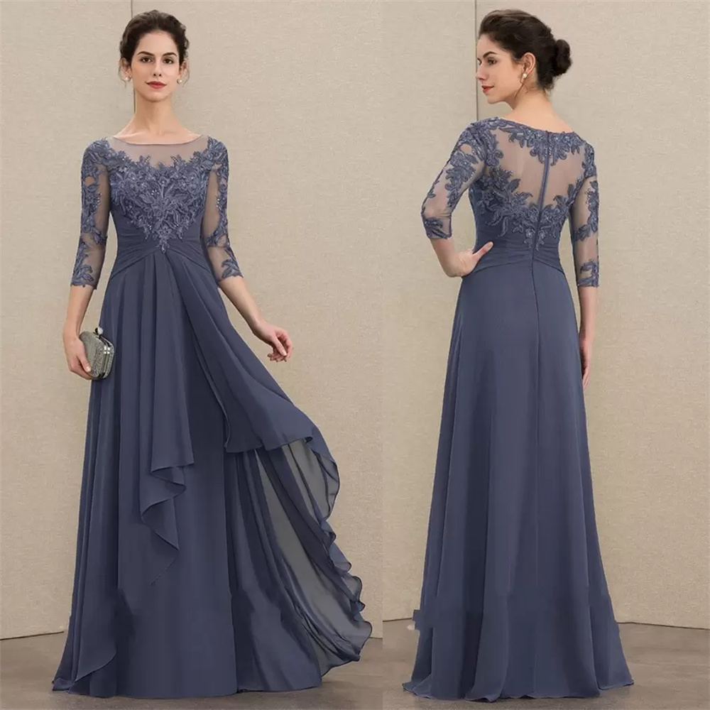 ที่กําหนดเอง Elegant Navy Blue A-Line Scoop คอยาวชีฟองแม่ของชุดเจ้าสาว Cascading Ruffles ชุดราตรี