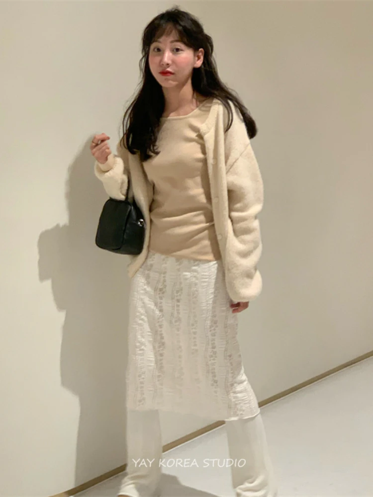 Korobov Y2k Simples Dobre Patchwork Lace Slim Vestido Falso Duas Peças Leggings, Calças, Roupas de Moda Coreana