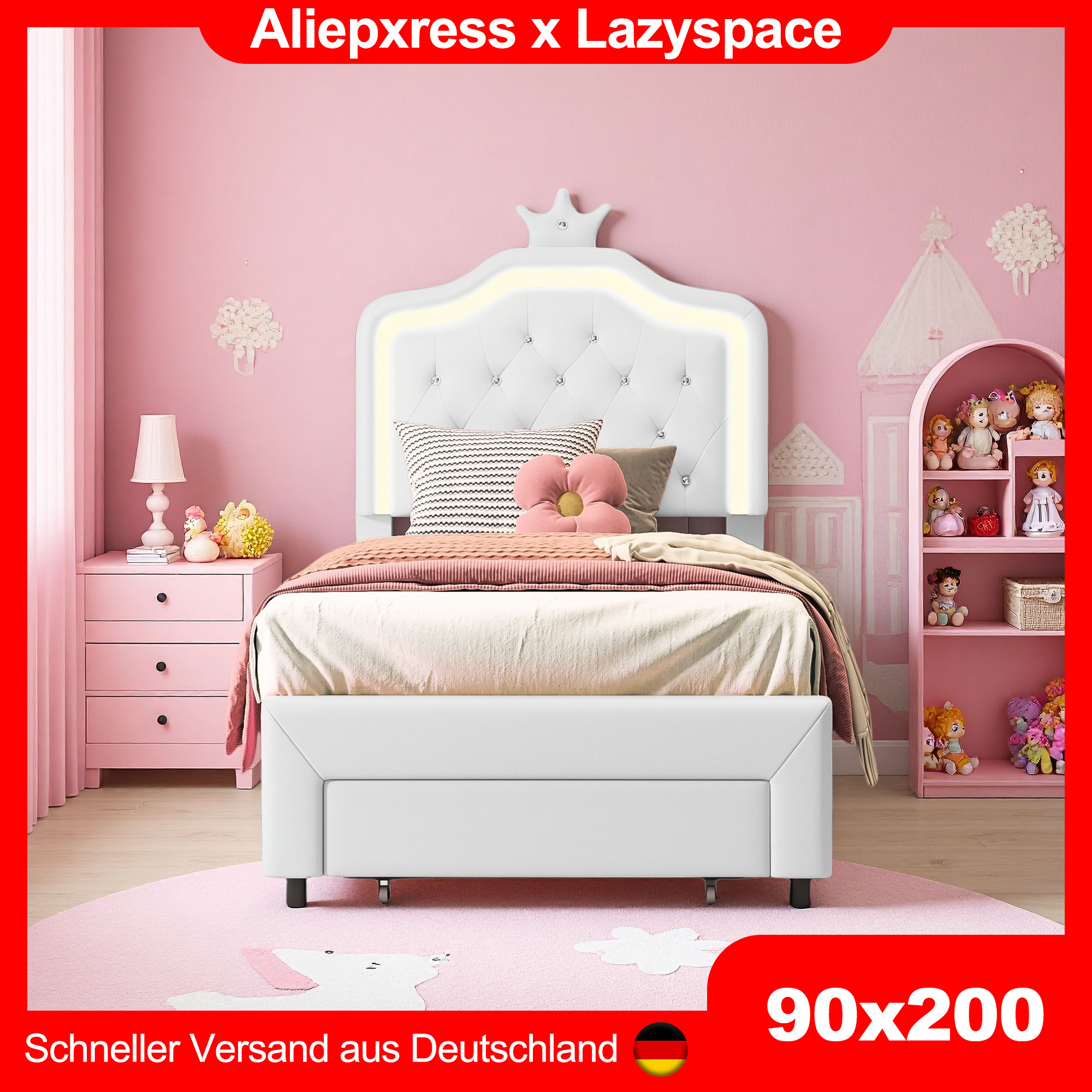 Lazyspace Kinderbett, Einzelbettgestell für Mädchen mit Schublade, PU-Polsterbett mit Kronenkopfteil mit LED-Beleuchtung