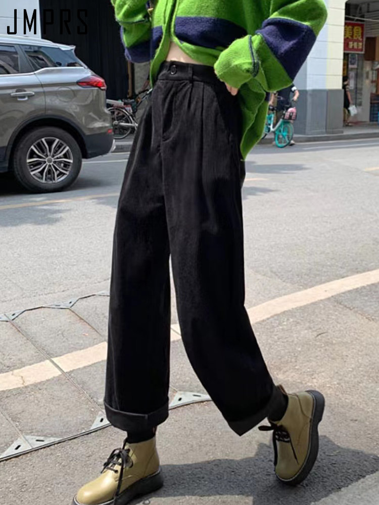 JMPRS, pantalones de pana Vintage de cintura alta para mujer, pantalones rectos informales de primavera, pantalones Vintage con bolsillos de café de Corán, pantalones que combinan con todo, nuevos
