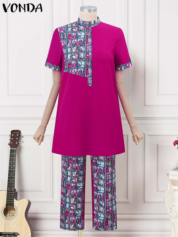Vonda-女性のボヘミアンダンガリー,ヴィンテージプリントパンツ,スタンドカラー,半袖トップス,ロングパンツ,カジュアル,ラージサイズ,サマー,2024