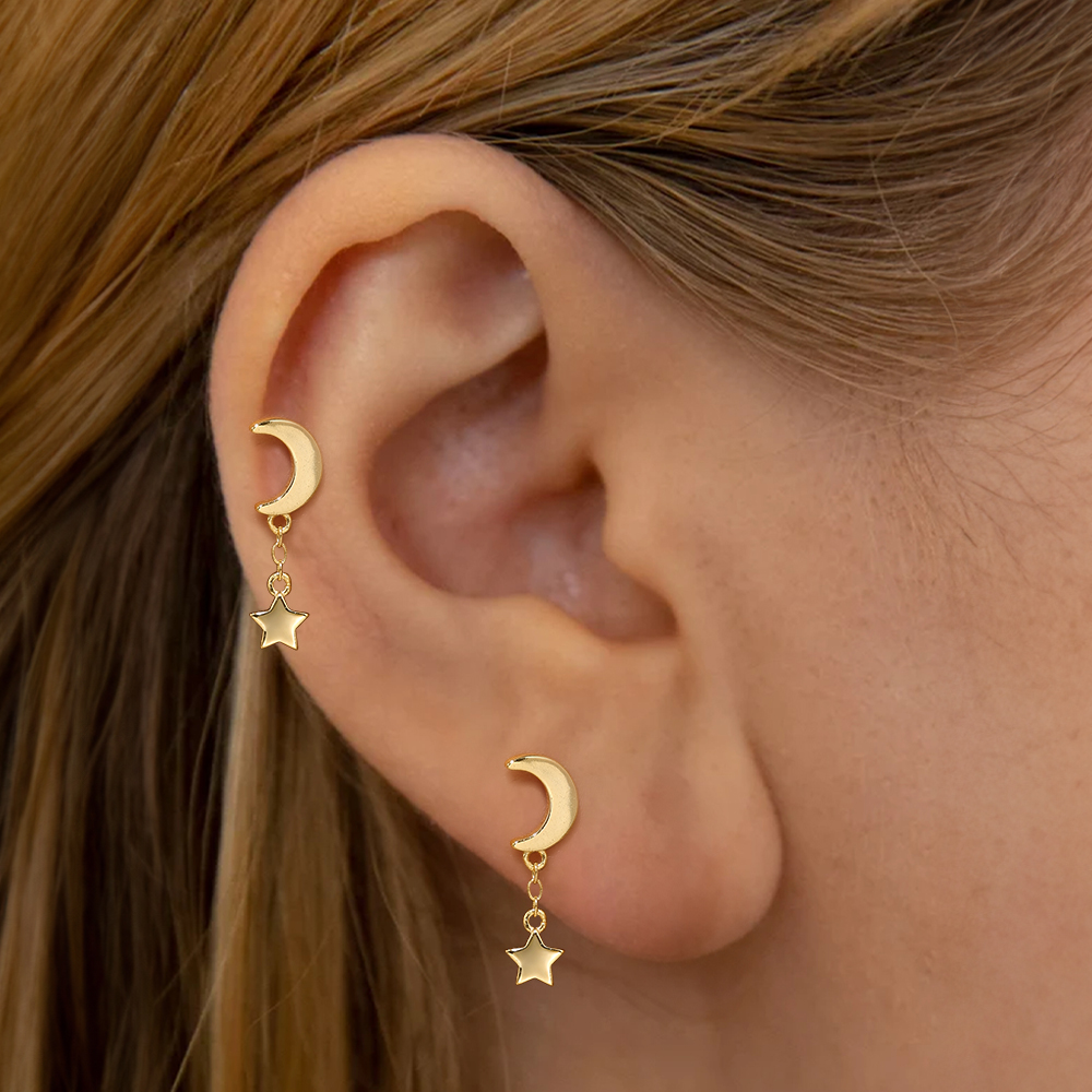 CANNER 1Pc 925 Silver Smooth Stars Moon Stud Earrings For Women 18K Gold Flat Head Threaded Puncture Ear Bone Ins Fine Jewelry