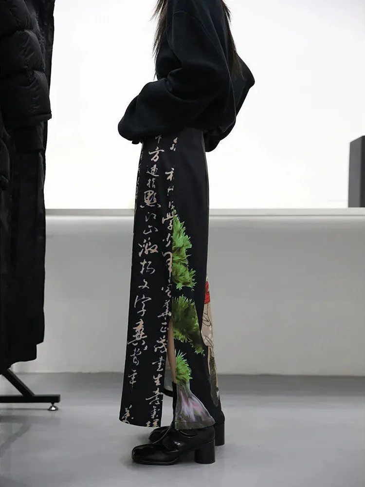 Stile giapponese Tie Dye Nero Stampa Gonne Donna A-line Gonna lunga divisa Harajuku Streetwear Gotico Faldas Mujer Y2k Saia Fairycore