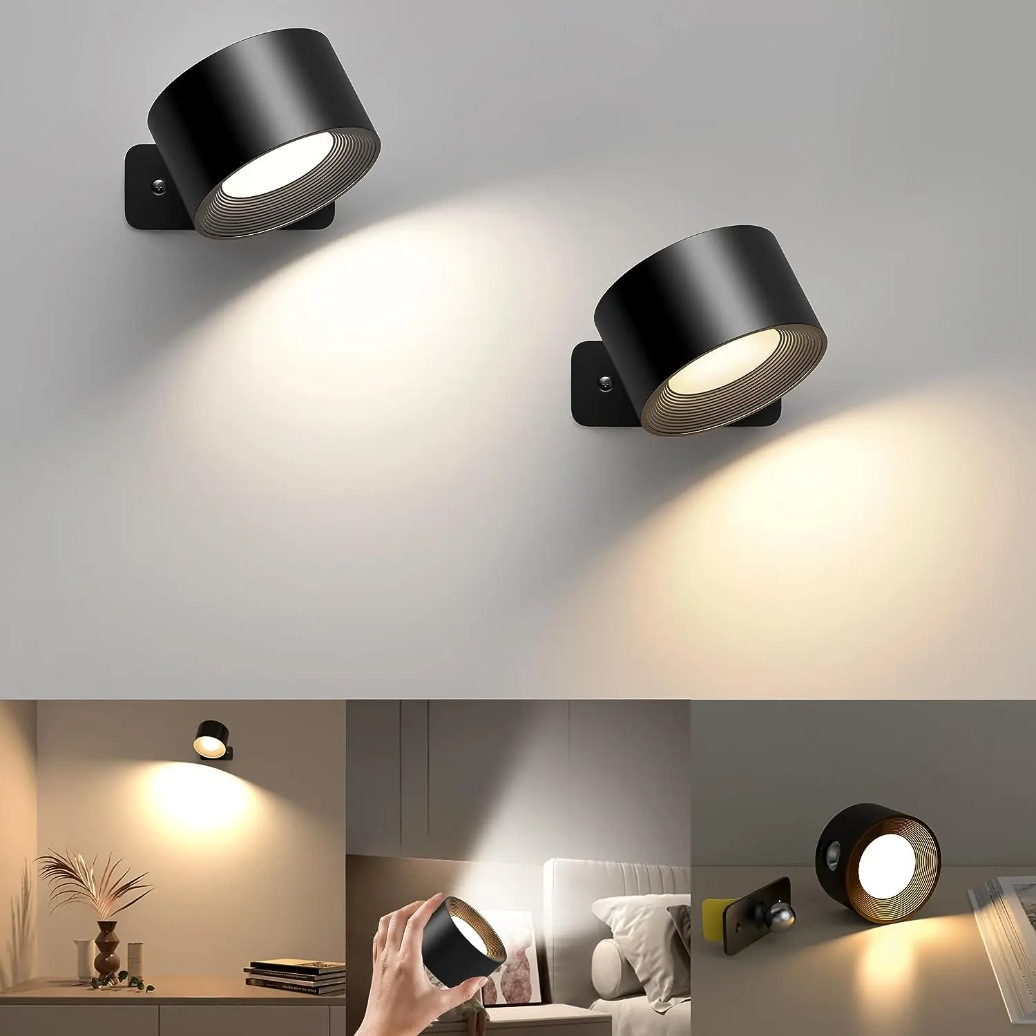 2Pc Wandlamp, Op Batterijen Werkende Lichten Oplaadbare Wandkandelaars, 360 ° Vrije Rotatie Magnetische Bal En 3 Helderheidsniveaus