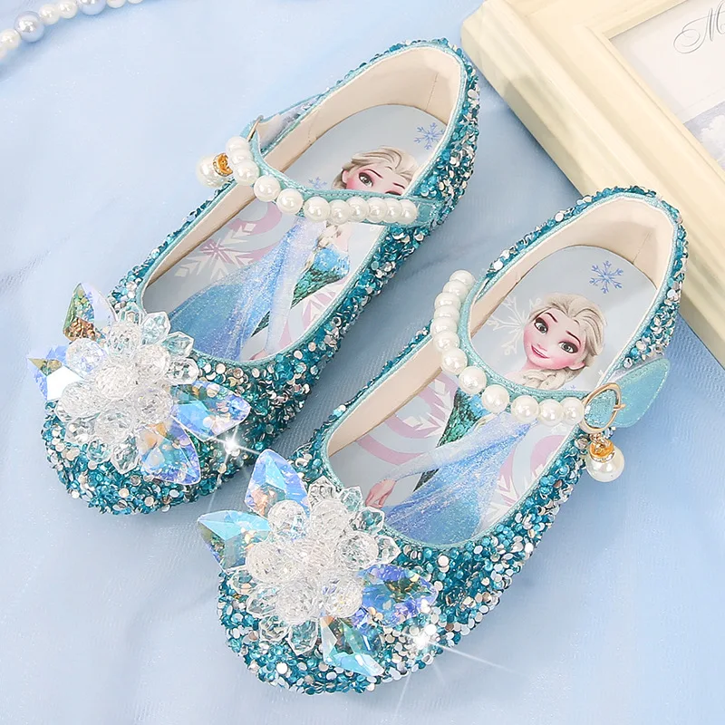 Disney รองเท้าสาวแช่แข็งเจ้าหญิงเอลซ่า Soft Sole รองเท้าฤดูร้อนเด็กคริสตัล Pearly Shiny สาวสีชมพูรองเท้าสีฟ้า