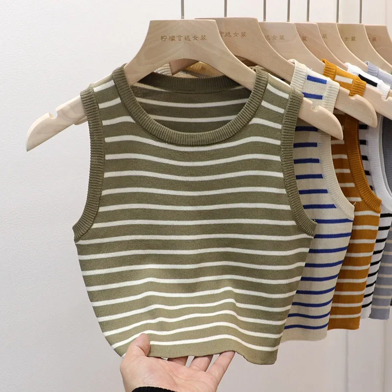 ฤดูร้อนฤดูใบไม้ผลิลายเสื้อผู้หญิงแขนกุดถักเสื้อยืด Crop Tops หญิง Elastic Slim Casual เสื้อ Camis